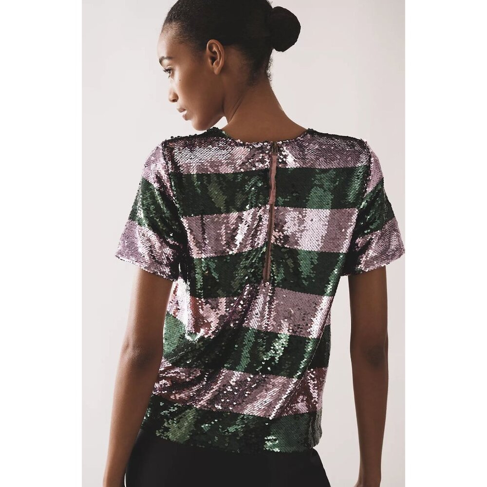 Maeve Pink and Green Sequin Stripe Short Sleeve Top - Picture 3 of 12